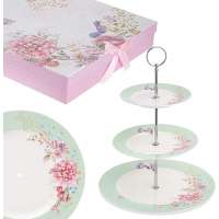 European Style porcelain 3 tier  cake plate stand ,flat white porcelain cake plate with full design