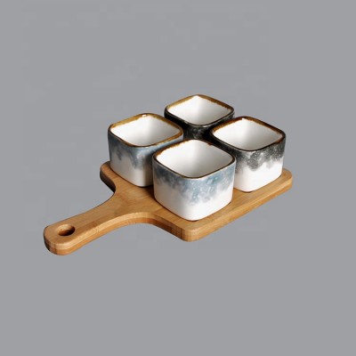 Snack Compartment Condiment Serving Set Ceramic square Dip Sauce Ramekins Appetizer Tapas saucer with Bamboo Handle Tray