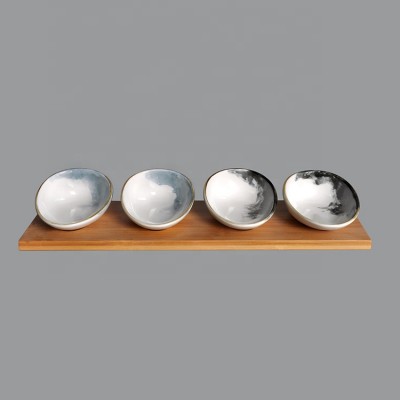 wholesale hotel unique small four porcelain snack dishes with bamboo tray